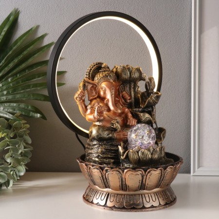 Table Polystone Fountain from the Network, Ganesha's backlight with a lotus at the waterfall 25x20x34 cm-2