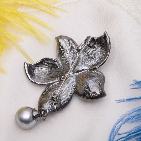 Brooch "Flower" orchid with pearls, the color is gray-blue in black silver-2