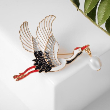 Brooch "Stork" with pearls, colored in gold
