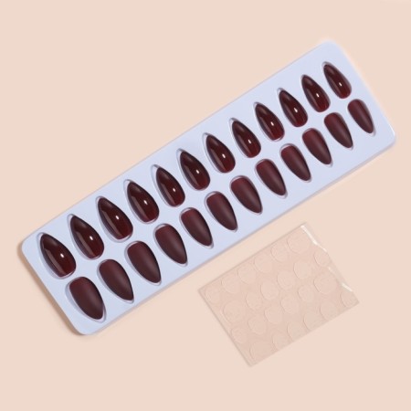 Patch nails, 24 pcs, with glue plates, almond shape, burgundy color-2