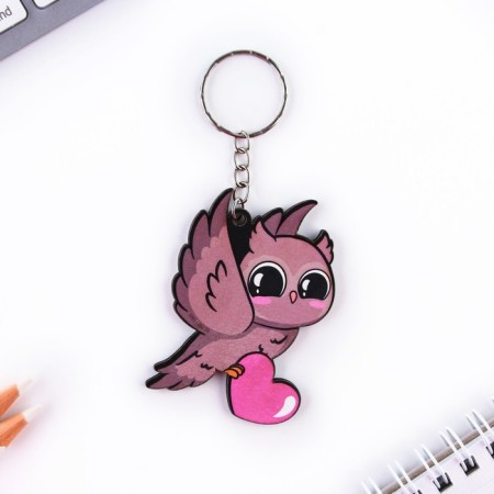 Key keychain "Wooden" owl with heart ", 4.4 x 6.3 cm