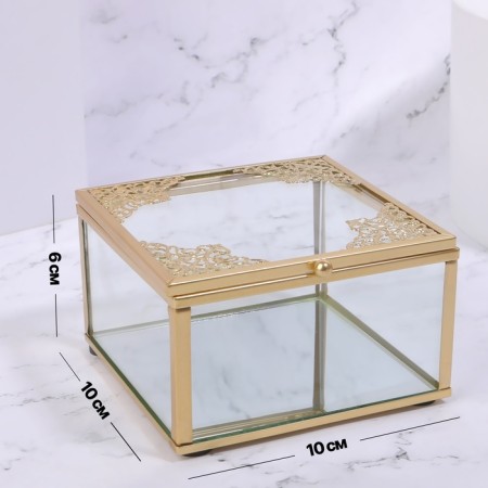 Great organizer for storage, with a lid, glass, with a mirror -bottom, 1 section, 10 × 10 × 6 cm, the color is transparent/copper-1