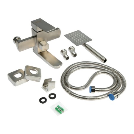 Zein bath mixer, square, short surge, with a shower set, stainless steel. Steel, satin-11