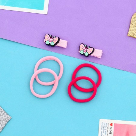 Hair set "Tiny" (4 elastic bands, 2 clamps 3.5 cm) butterfly, pink-1