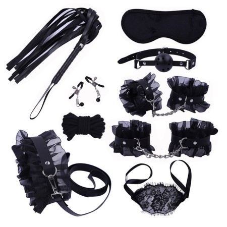 Erotic bdsm set of oka-hpki, with black lace, black, eco-leather, 9 items