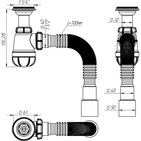 Siphon for the Aquant, 1 1/4 sink, with an elongated neck, with a flexible pipe 40x40/50 mm-4