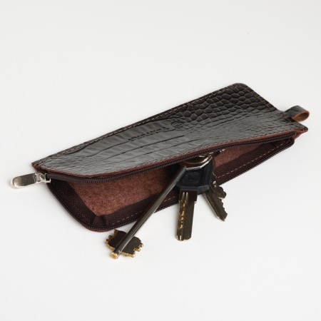 Pocket Key with zipper, textura, length 14 cm, ring, brown color-5
