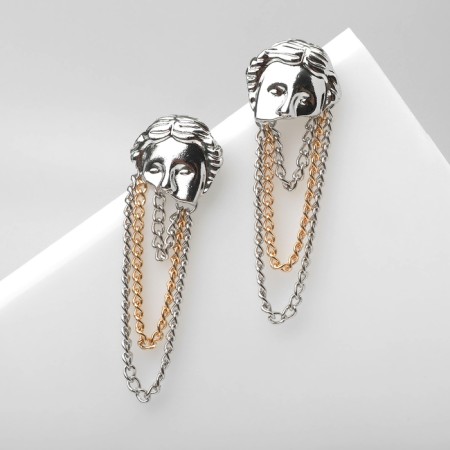 Earrings Metal "Faces" chains, color silver with gold-1
