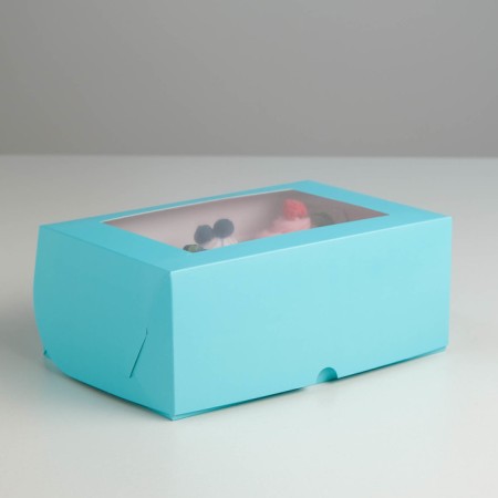 Box for 6 cupcakes with a window, blue, 25 x 17 x 10 cm