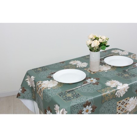 Camelia oilcloth 140 cm, roll 20 m, white drawing, green peony-2