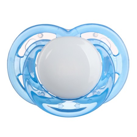 Nipple is an orthodhod dummy, with a cap, +12 months., Blue-1