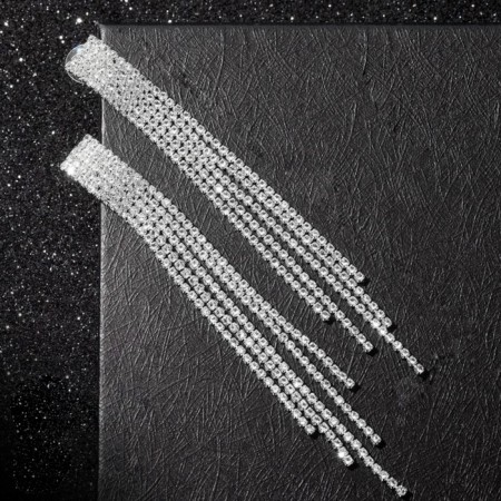 Hanging earrings with rhinestones "Waterfall" on a rectangle, white color in silver, 9 cm-3