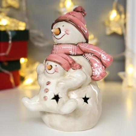 Souvenir Ceramics Light "Snowman with a snowman in pink caps" 17.5x11x12.5 cm-2