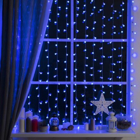 Garland "Curtain" 2 × 1.5 m with nozzles "Balls", IP20, transparent thread, 360 LED, glow blue, 8 modes, 220 V