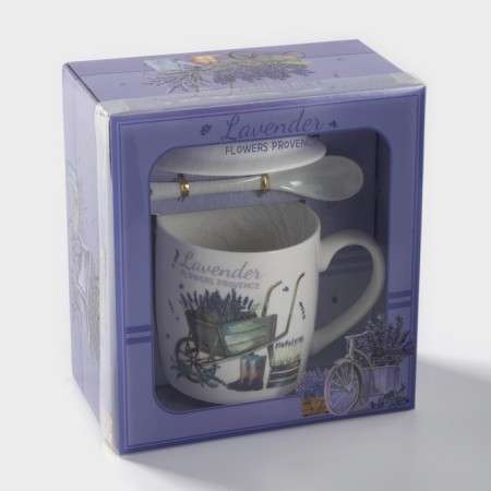 Ceramic mug with a spoon on the Lavender stand, 330 ml, Mix drawing-6