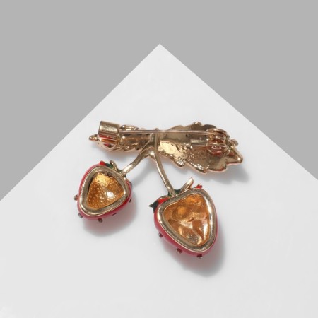 Brooch "Strawberries" on a twig, red color in gold-1