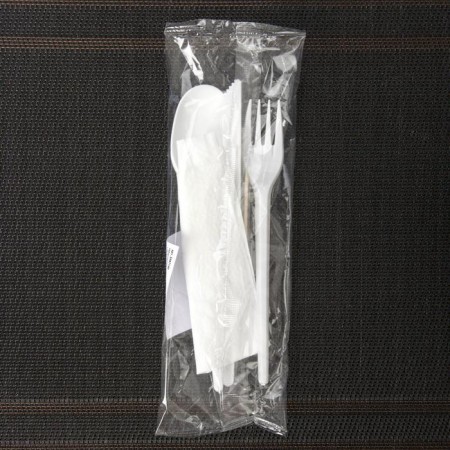 A set of plastic disposable cutlery 5 in 1: fork, spoon, knife, napkin, toothpick, white color-4