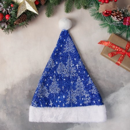 New Year's cap "snowy forest" 30x37 cm, blue