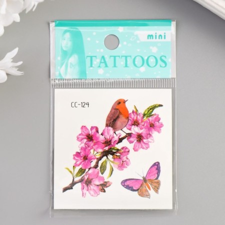 Tattoo on the body color "Rosehip and bird with a butterfly" 6x6 cm-2