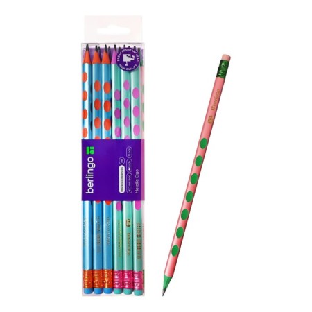 Pencil b/g of Berlingo "Metallic Ergo" HB, plastic, trihedral, sharpened, eraser, assorted