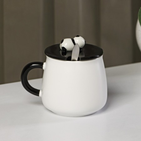Ceramic mug with a lid and spoon "Panda", 450 ml, white and black color-2