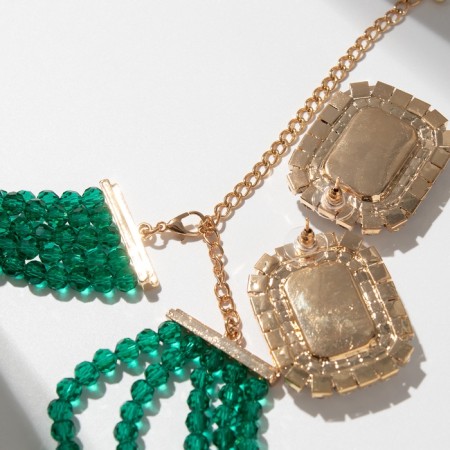 Set 2 items; Earrings, necklace “luxury” large stone, green color in gold, 42 cm-2