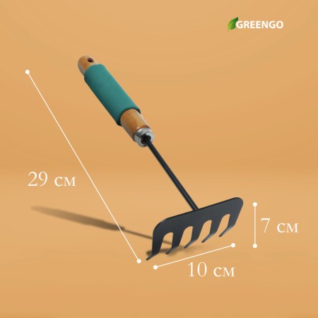 Grave are small, straight, 5 teeth, length 29 cm, metal, wooden handle with foam rubber, Greengo-1