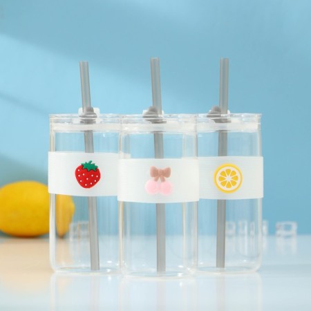 Glass glass with a lid and tube "Frutis", 410 ml, color mix-6