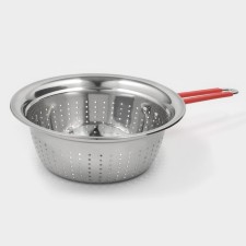 A colander made of stainless steel with a handle 