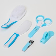 A childcare kit, 6 items: a children's comb, a brush, a knife with a cover, safe scissors with a cap, for a boy