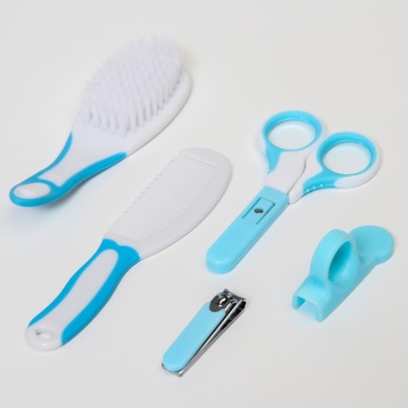 A childcare kit, 6 items: a children's comb, a brush, a knife with a cover, safe scissors with a cap, for a boy
