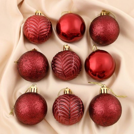 Set of balls plastic D-5 cm, 9 pcs "New Year's branches" burgundy