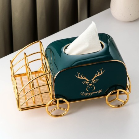 Ceramic napkin on the stand “Golden Deer”, 30 × 13 × 14 cm, emerald color-1
