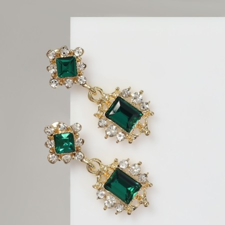 Earrings with “openwork” rhinestones duet, emerald color in gold-1