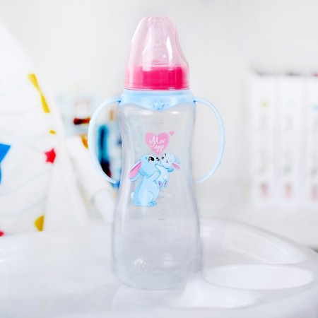 A bottle for feeding "Bunny: Mom and kids", classic throat, 250 ml., 0 months, fitted, with handles-2