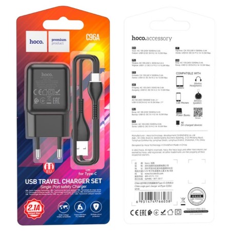 Network charger Hoco C96A, 1 USB, 2.1 A, Type-C-USB cable, 1 m, black-3