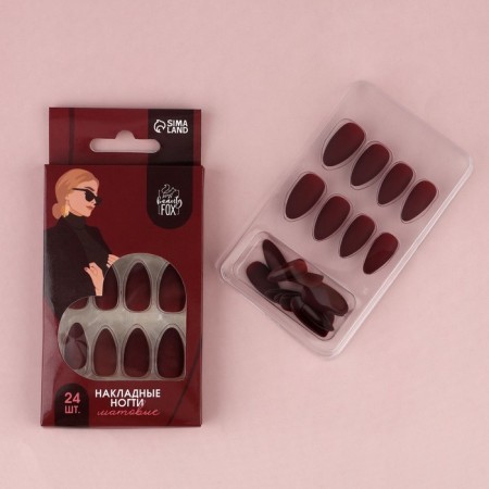 Bordeaux patch nails, 24 pcs, adhesive plates, almond shape, matte burgundy color-1