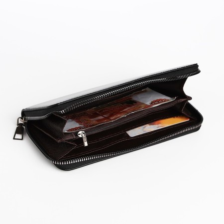 Male purse with zipper, department for bills, for maps, for coins, black color-3