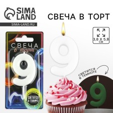 A candle for a cake, the number “9”, shines in the dark, 4 x 10 cm.