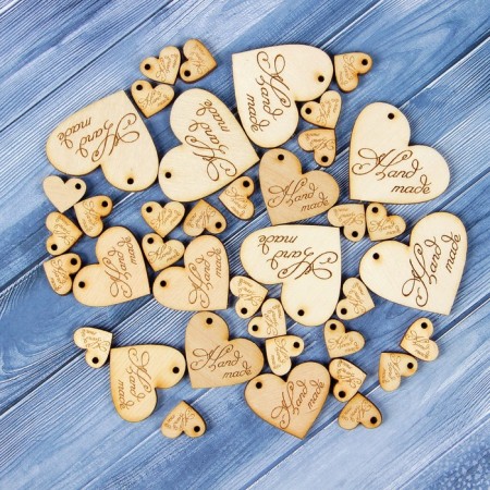 Set of tags "Hand Made", hearts, 40x43mm - 6pcs; 30x33 mm - 6pcs; 15x16 mm - 27 pcs