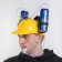 Carnival helmet with holes for jars, yellow color