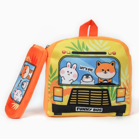 Baby plush backpack with the Penal "Beasts on the bus", 24*24 cm, pink color-1