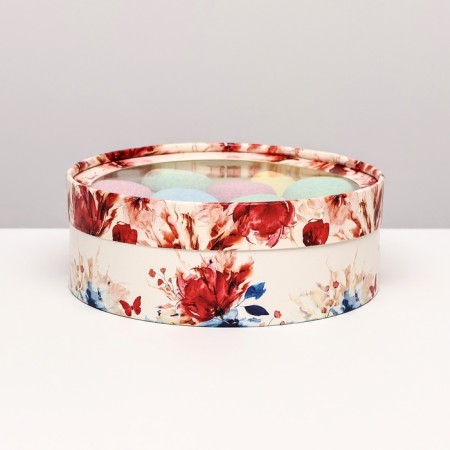 Box for Makarun tube with the window "Flowers", red-blue, 20 x 6 cm