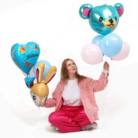 Set of balls "Happy Birthday. Bear and Bunny ”, latex, foil, 9 pcs.-1