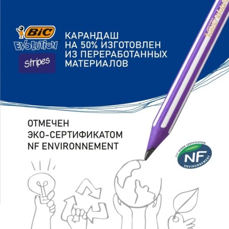 Chernographic pencil (simple) HB, BIC Evolution Stripes, sharpened, plastic, without eraser, hexagonal, color hull in strip-6