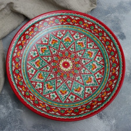 Lryagan Round Rishtan ceramics, 41cm, red, green-yellow pattern-1