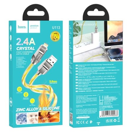 Hoco U113, Lightning - USB, 2.4 A, 1 m, silicone braid, golden-3