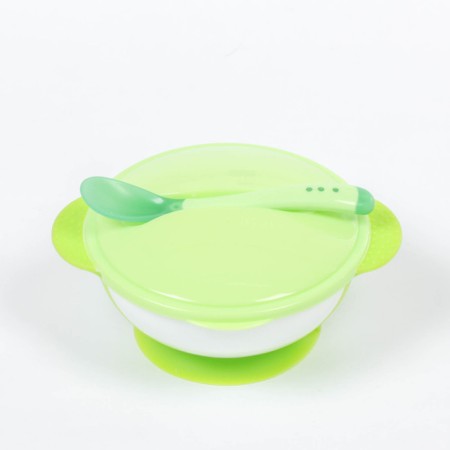 Set for feeding, 3 items: Misk 350 ml on suction cup, cover, spoon, green color