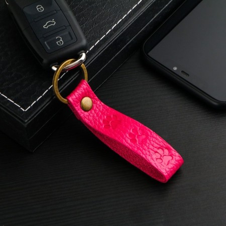Leather keychain for a car key, strap, genuine leather, pink, paw-1