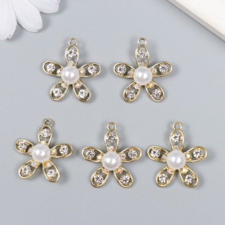 Decor for creativity metal, rhinestones "Chamomile with pearls" gold 2.5x3 cm-2
